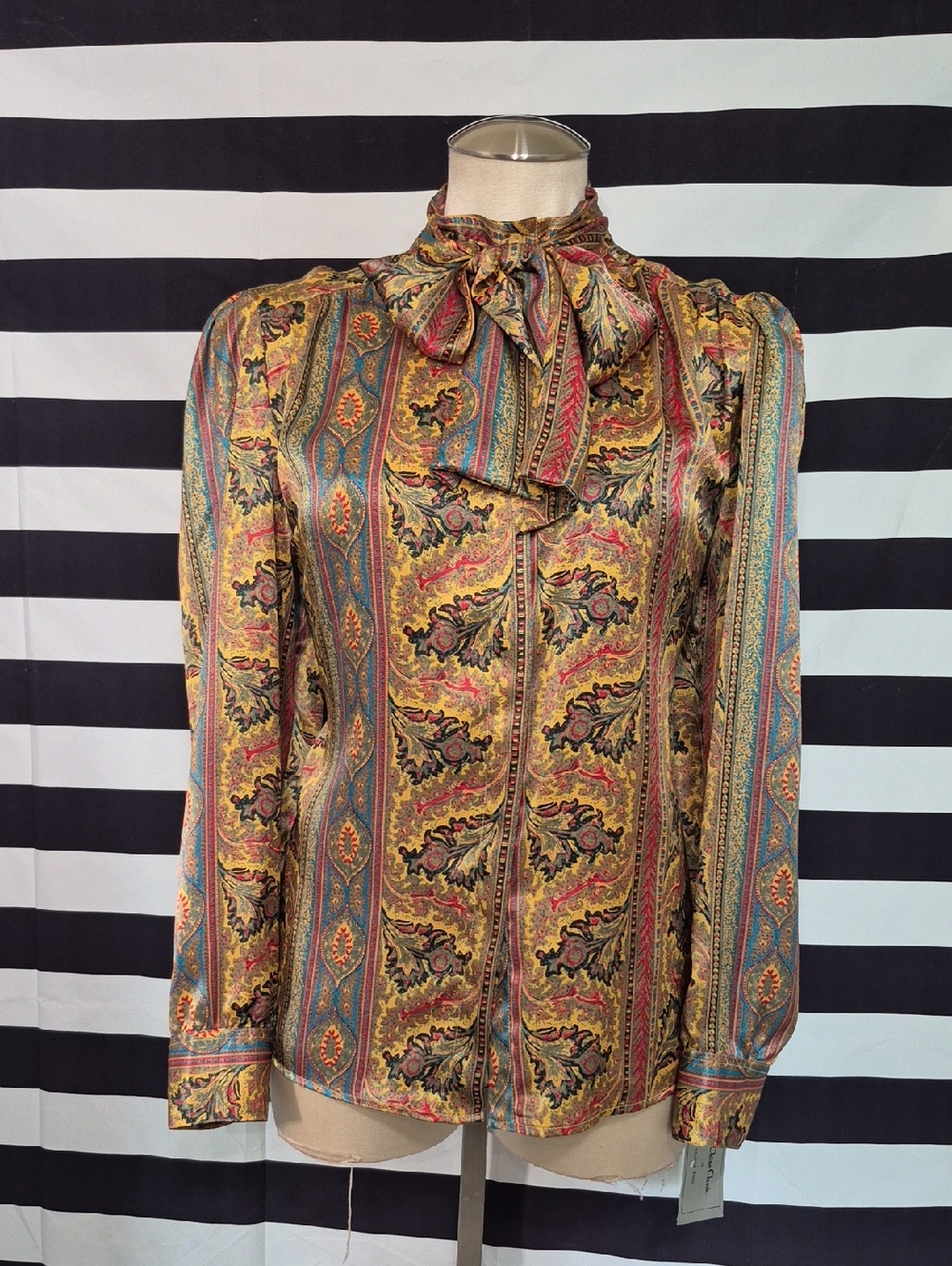 Vintage Paisley Bow-Tie Blouse in Gold and Teal